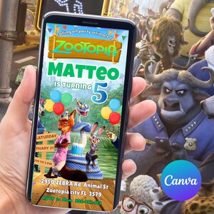 May include: A smartphone displays a colorful Zootopia-themed birthday party invitation for Matteo's 5th birthday. The invitation features cartoon characters, balloons, and event details, including the date, time, and location.