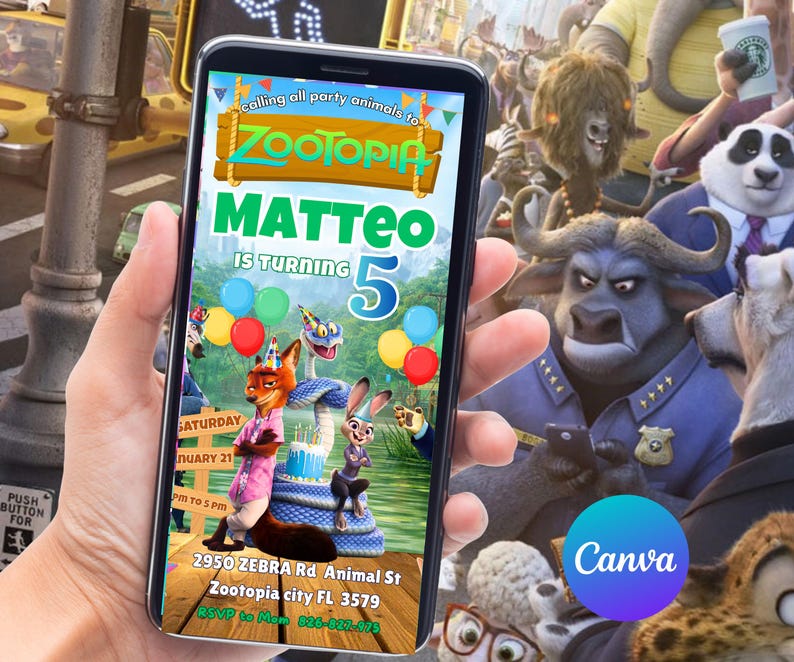 May include: A smartphone displays a colorful Zootopia-themed birthday party invitation for Matteo's 5th birthday. The invitation features cartoon characters, balloons, and event details, including the date, time, and location.