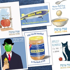 May include: A collection of six greeting cards featuring various illustrations for Rosh Hashanah. Designs include an apple walking through a door, a blimp, a matzo ball drop, a person with an apple face, a jar of gefilte fish, and a cat with a sardine.