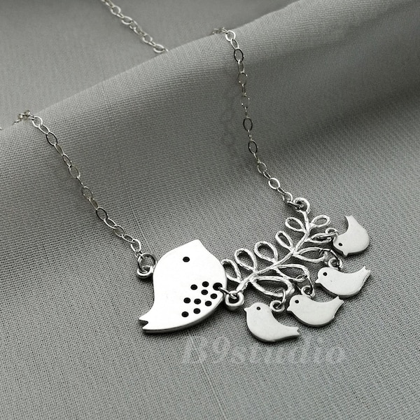 Mother Bird Necklace, Mama and kids family bird branch, Jewelry gift, with 5, 4, 3, 2 babies