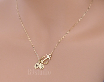 Personalized Anchor Necklace, Small anchor & initial leaf, Gold / Silver, Jewelry gift for her, by B9studio