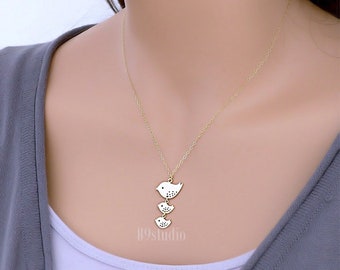 Mother Bird Necklace, Mama loves kids pendant necklace gift in gold / silver, Family jewelry gift, 2 3 4 baby birds, by B9studio