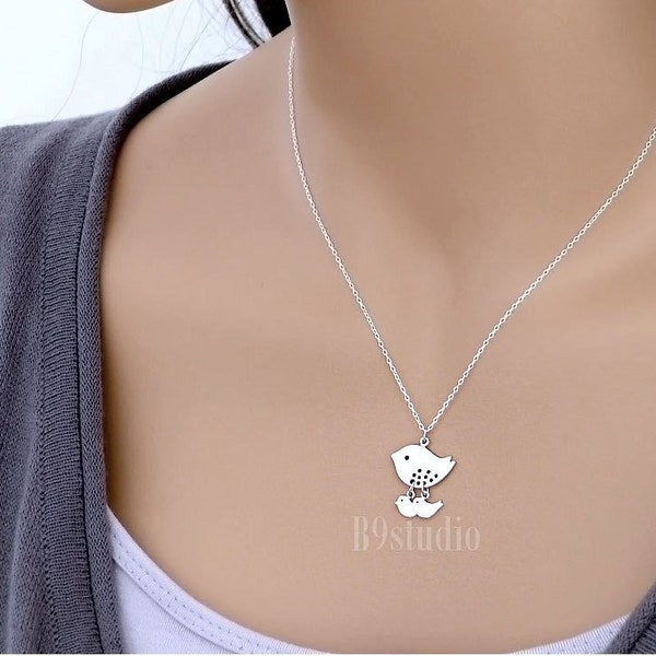 Bird Necklace, Mother bird necklace, Silver / Gold, Mama & 1 2 3 kids gift, Family jewelry gift for her,  B9studio