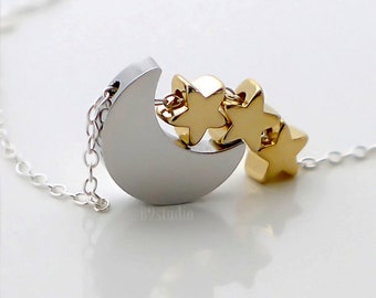 Moon Star Necklace, Silver Crescent Moon Tiny Star Jewelry Gift, mother & 1, 2, 3, 4 5 kids necklace, by B9studio