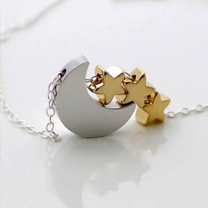 Moon Star Necklace, Silver Crescent Tiny Star Jewelry Gift, mother & 1, 2, 3, 4 5 kids