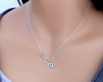 Dainty Infinity Necklace, Personalized initial leaf with infinity necklace in silver or gold, jewelry gift for her, by B9studio