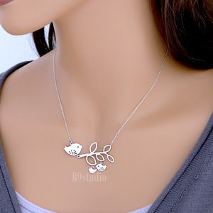 Mother Birds Necklace, mama with two kids necklace, Silver or Gold, Jewelry gift for her image 1