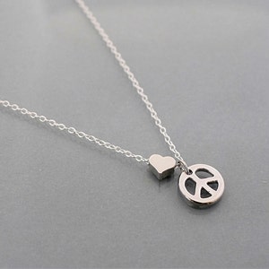 Peace Necklace, tiny heart necklace, small peace sign symbol pendant, sterling silver chain, dainty everyday jewelry holidays gift, B9studio Silver