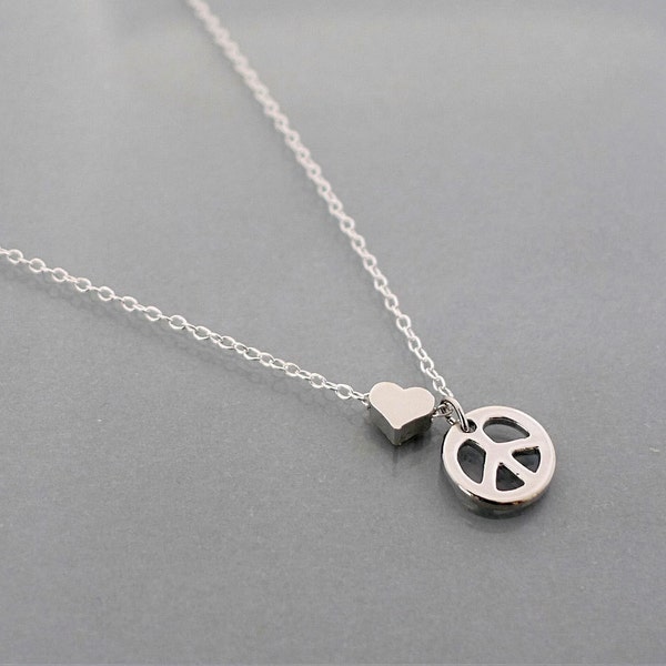 Peace Necklace, tiny heart necklace, small peace sign symbol pendant, sterling silver chain, dainty everyday jewelry holidays gift, B9studio