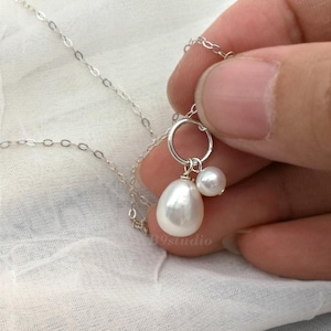 Pearl Drop Necklace, Sterling silver circle  freshwater teardrop and round pearl pendant, Jewelry gift for her