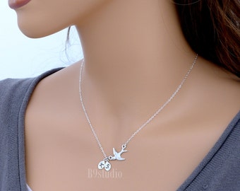 Flying Bird Necklace, Personalized small bird necklace, Jewelry gift for her in silver or gold