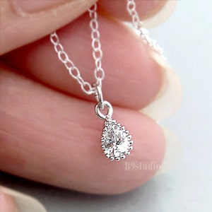 Tiny Drop Necklace, Dainty CZ teardrop necklace in silver or gold, Minimalist jewelry gift for her