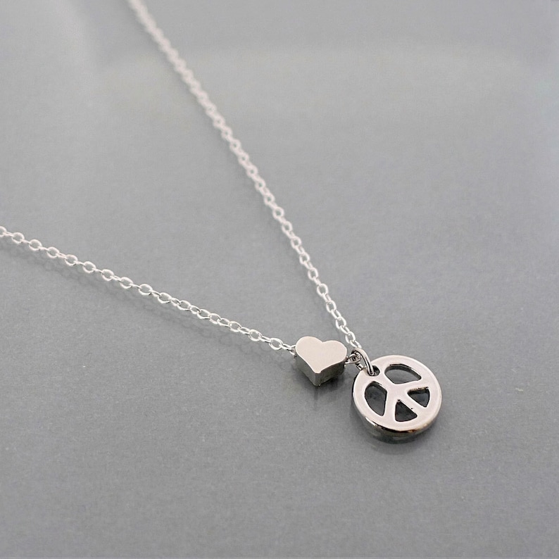 Peace Necklace, tiny heart necklace, small peace sign symbol pendant, sterling silver chain, dainty everyday jewelry holidays gift, B9studio Silver
