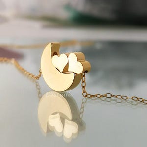 Moon and Heart Necklace, Gold crescent with 1~5 hearts charm pendant, love you to the moon, jewelry gift for her