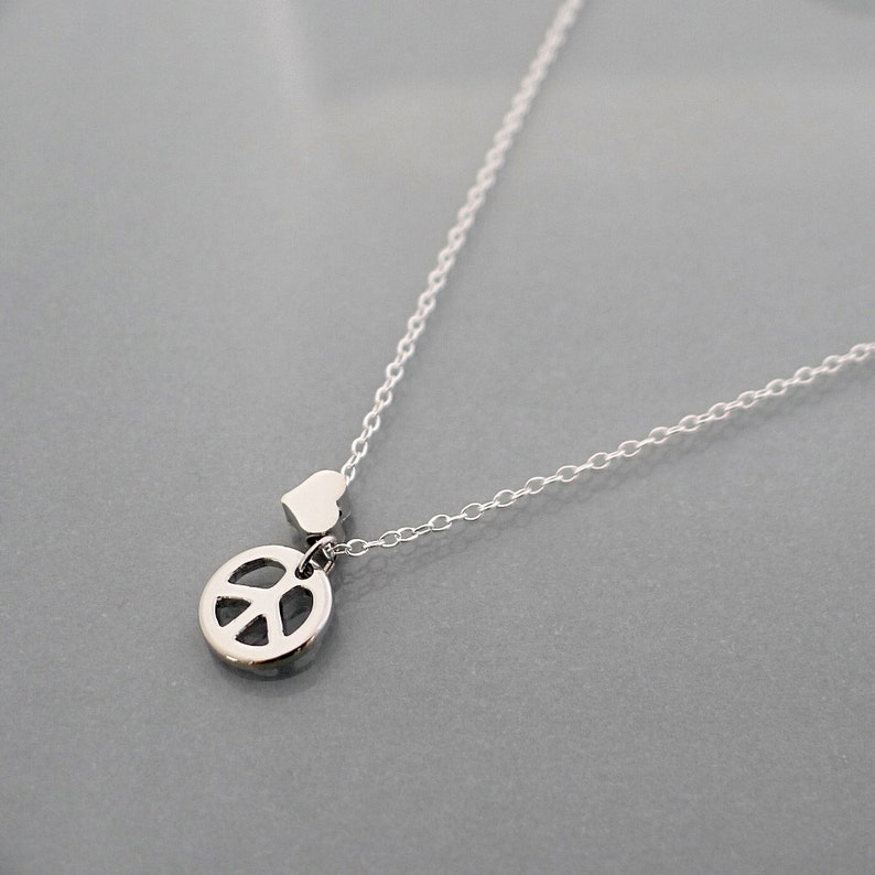 Peace Necklace, tiny heart necklace, small peace sign symbol pendant, sterling silver chain, dainty everyday jewelry holidays gift, B9studio image 4