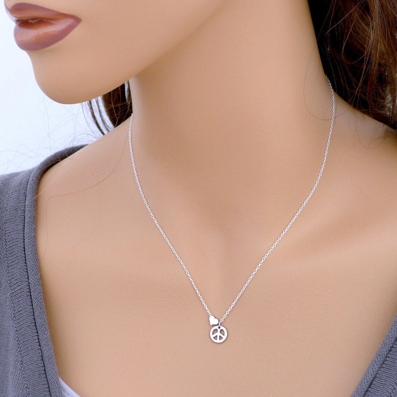 Peace Necklace, tiny heart necklace, small peace sign symbol pendant, sterling silver chain, dainty everyday jewelry holidays gift, B9studio image 2