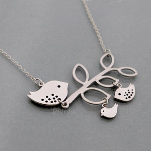 Mother Birds Necklace, mama with two kids necklace, Silver or Gold, Jewelry gift for her image 2