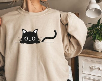 Embroidered Cat Halloween Sweatshirt, Ghost Cat Shirt, Halloween Sweater, Halloween Shirt, Cat Lover Shirt, Black Cat Shirt, Spooky Season