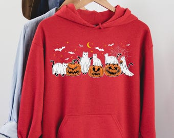 Embroidered Cat Halloween Sweatshirt, Ghost Cat Shirt, Halloween Sweater, Halloween Shirt, Cat Lover Shirt, Black Cat Shirt, Spooky Season