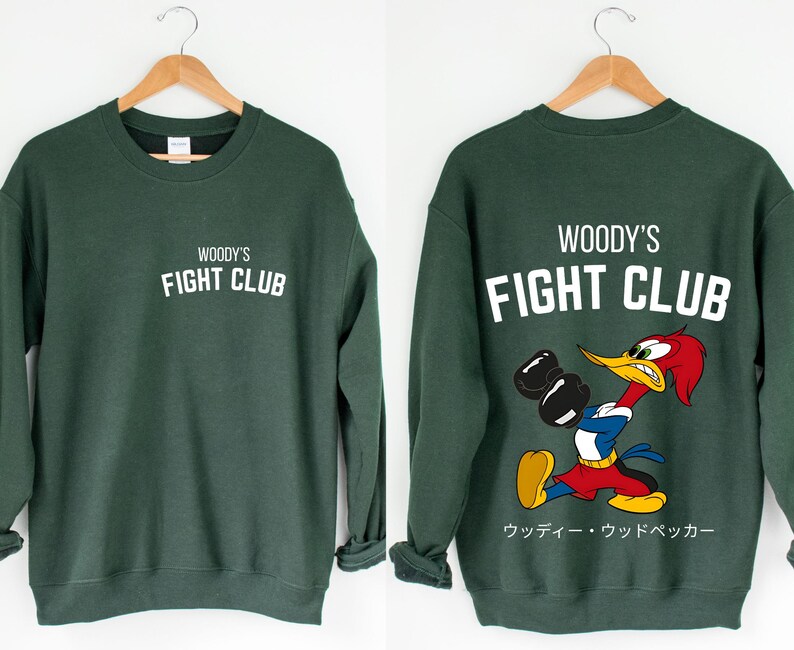 a pair of sweatshirts with woody's fight club on them