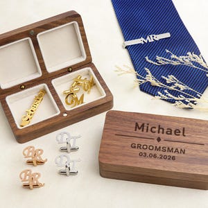 Personalized Initial Cufflinks & Tie Clip Set - Groomsmen Gift Set with Optional Box