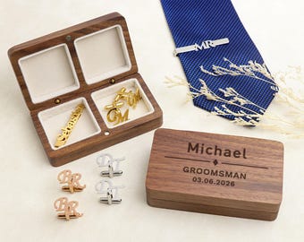 Personalized Initial Cufflinks & Tie Clip Set - Groomsmen Gift Set with Optional Box