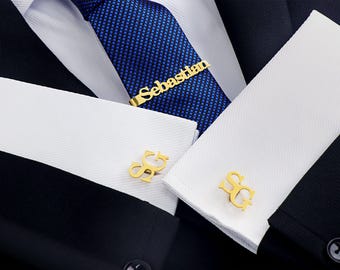 Custom Cufflinks & Tie Clip Set for Wedding, Engraved Initial Cufflinks, Personalized Groomsmen Cufflinks, Gift for Best Man, Groom Gift