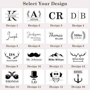 Puede incluir: Una cuadr&iacute;cula de diecis&eacute;is opciones de dise&ntilde;o en blanco y negro titulada Select Your Design y numeradas del 1 al 16. Los dise&ntilde;os incluyen varios monogramas, nombres, fechas e iconos como coronas, monta&ntilde;as, astas, pipas, sombreros de copa y anclas.