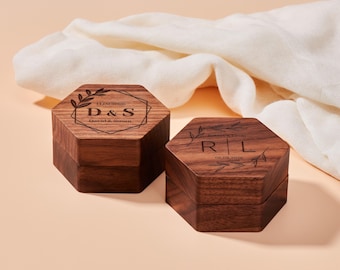 Custom Initials Ring Box, Name Ring Box for Bride, Wooden Ring Holder, Double Slot Ring Box for Wedding