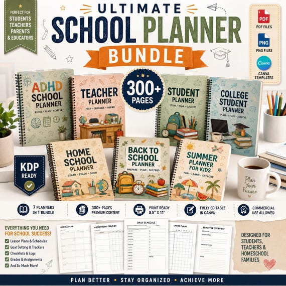 Ultimate School Planner Bundle | KDP Ready, Canva Templates (300+ Pages)