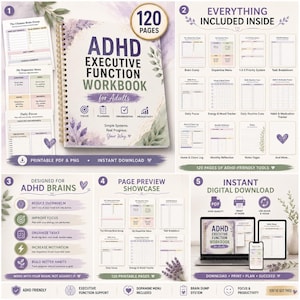 Op de afbeelding: Een spiraalgebonden ADHD Executive Function werkboek voor volwassenen met 120 pagina's. De kaft bevat paarse en groene botanische illustraties, tekst en iconen voor focus, planning, organisatie en productiviteit. Inclusief digitale paginavoorbeelden.