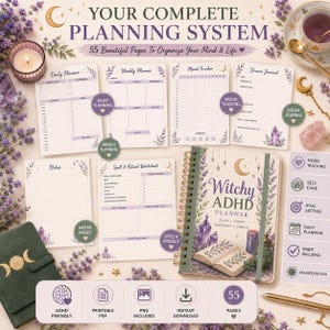 May include: A Witchy ADHD Planner set featuring 55 pages including a daily planner, weekly planner, mood tracker, dream journal, notes, and spell and ritual worksheet. The cover displays a book, crystals, and a candle with the text Witchy ADHD Planner.