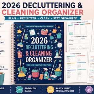 May include: A spiral-bound 2026 Decluttering & Cleaning Organizer with 105 pages. The cover features cleaning supplies illustrations. Includes daily, weekly, and monthly planners, checklists, and trackers. The text "Small Steps, Big Changes" is on a teal mug.