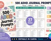 500 ADHD Journal Prompts Printable | Editable Canva Template | Mental Health Journal | ADHD Planner PDF | Self Care Workbook