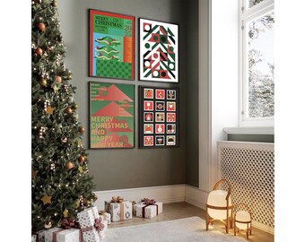 May include: Four framed Christmas-themed prints on a green wall. The prints feature geometric designs, a Christmas tree, and a calendar with festive icons.