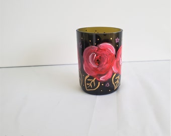 Hand Painted  Pink Roses Upcycled Candle/Votive Holder