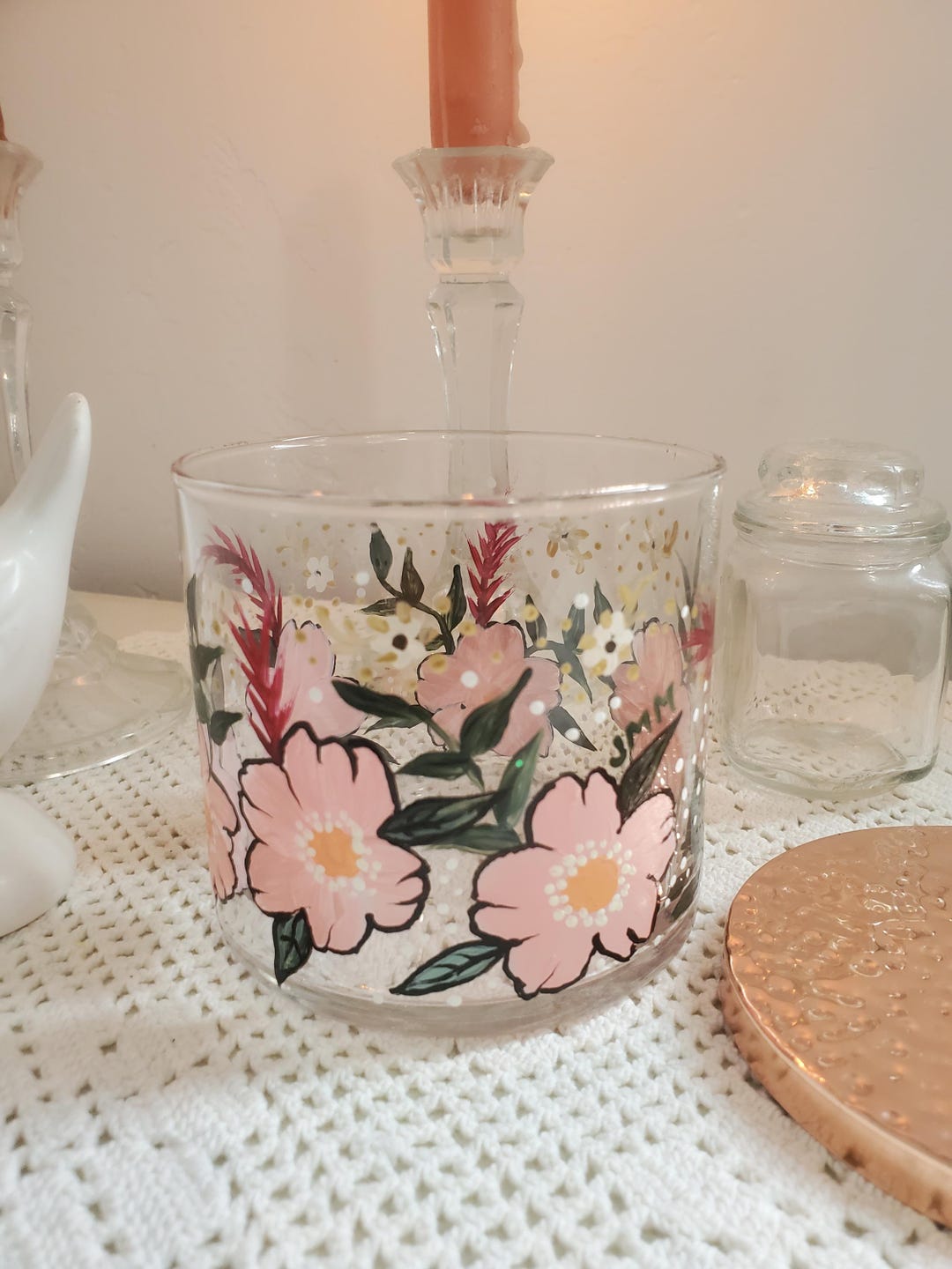 Glass Container With Roses Floral Painted Glass Storage Container With Rose Gold Hammered Lid - Etsy