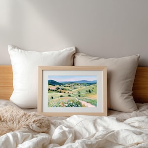 Utskrivbart landskap med vildblommande äng: Pastellfärgad landsbygdsväggkonst (digital nedladdning) bild 6