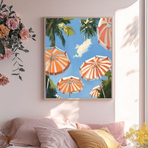 May include: A painting of orange and white striped beach umbrellas against a blue sky with palm trees in the background.