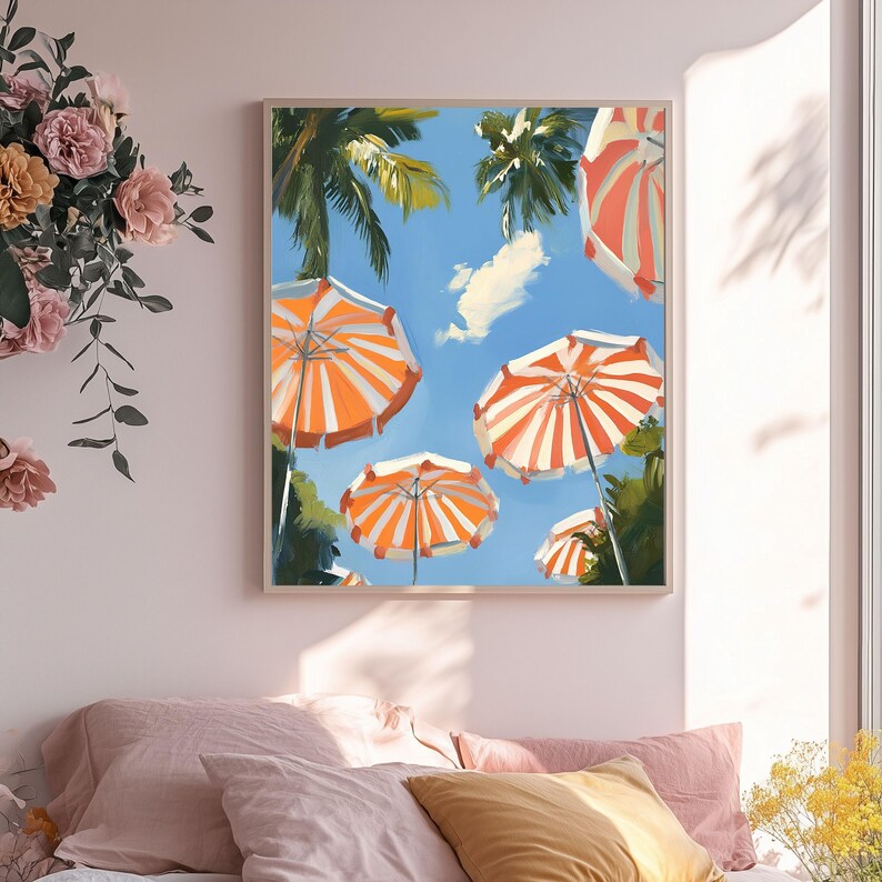 May include: A painting of orange and white striped beach umbrellas against a blue sky with palm trees in the background.