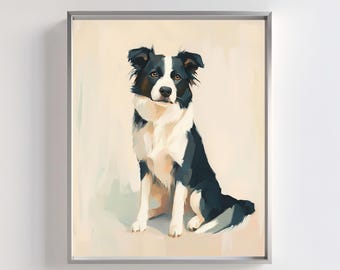 Könnte beinhalten: Ein Gemälde eines schwarz-weißen Border Collies, der auf einem hellbeigen Hintergrund sitzt. Der Hund schaut direkt auf den Betrachter.