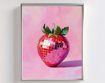 Grafika z truskawkową kulą dyskotekową: Odjazdowa sztuka kuchenna w stylu retro (pobranie cyfrowe)