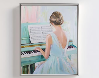 Lámina artística de bailarina tocando el piano: Decoración de habitación con música pastel (descarga digital)