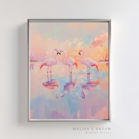 ピンクフラミンゴの水彩画：パステル調の夕焼け鳥アート（デジタル