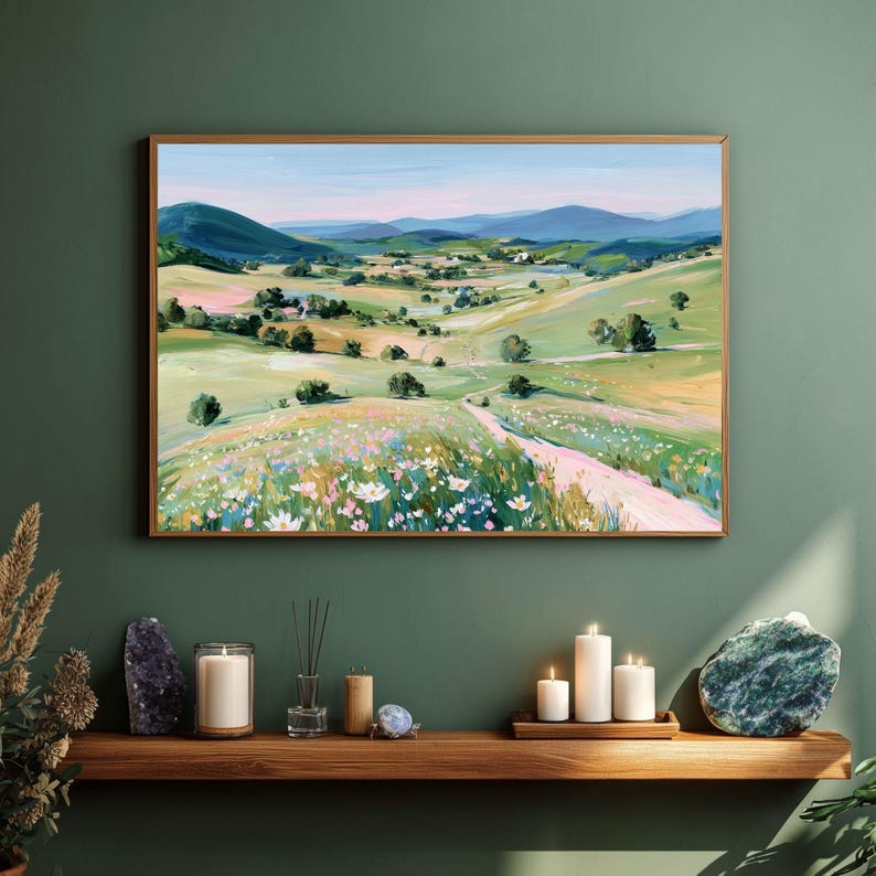 Utskrivbart landskap med vildblommande äng: Pastellfärgad landsbygdsväggkonst (digital nedladdning) bild 2