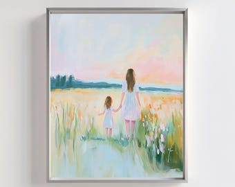 Impression d'art mère fille : champ floral pastel, tableau coucher de soleil (téléchargement numérique)