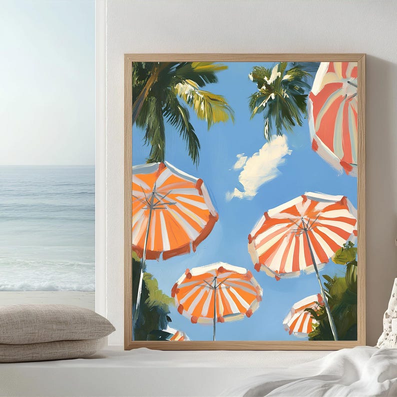 May include: A painting of a beach scene with orange and white striped umbrellas under a blue sky with palm trees.