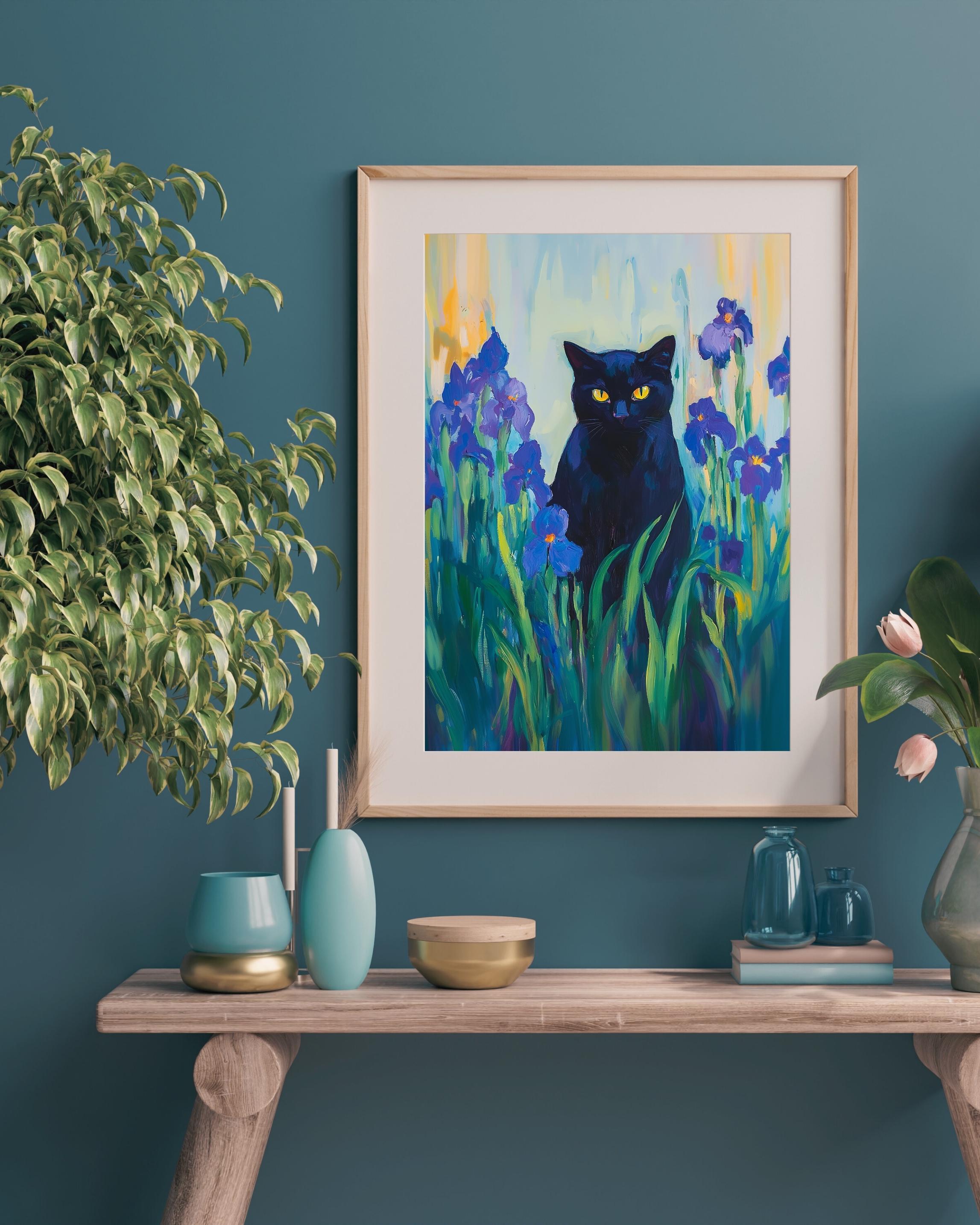 Floral Black Cat Art Print: Whimsical Pastel Home Decor (digital ...