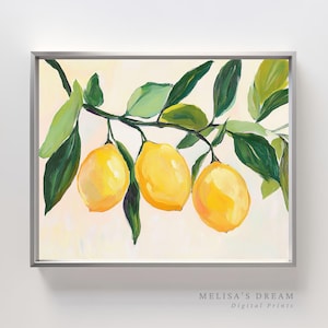 Lemon Branch Oil Painting Printable | Citrus Kitchen Wall Art | Rustic Farmhouse Lemon Decor | Botanical Yellow Fruit Digital Artwork