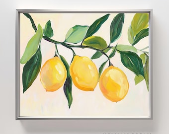 May include: A framed art print featuring a branch with three bright yellow lemons and green leaves. The painting has a soft, painterly style with a light background. The text "MELISA'S DREAM Digital Prints" is in the bottom right corner.